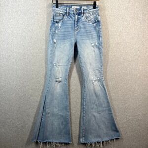 KanCan Signature High Rise Super Flare Distressed Light Wash Jeans Raw Hem 25